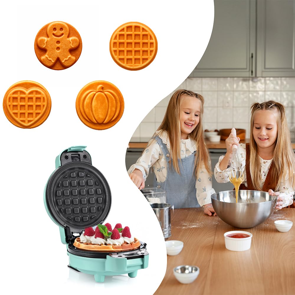 LEHMANN Mini Gofrera con Placas Intercambiables, Formas de gofre - Calabaza, Muñeco de Jengibre, Corazón y Clásica, Revestimiento Antiadherente, para fiestas infantiles, Verde Menta