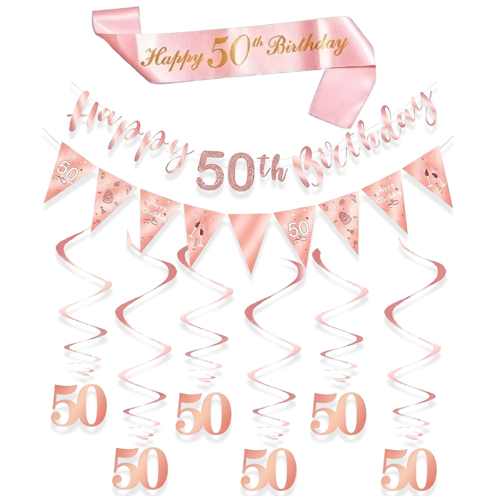 Qwrqwr 50th Birthday Decorations for Women Rose Gold Sash and Pennant Banners Set for Happy 50 Years Old Party (50th)