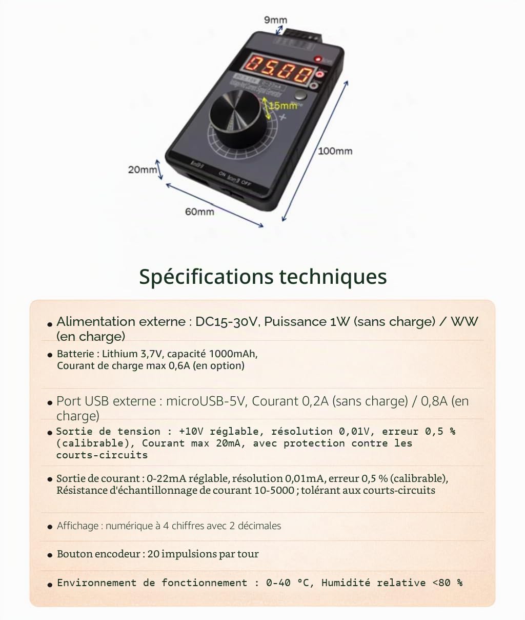 Générateur de Signal Portable, 0-10V 0-22mA Générateur de Signal de Courant de Tension, Calibrateur de Source de Signaux Analogiques, Ajustable Simulateur Analogique de Tension et de Courant Réglable