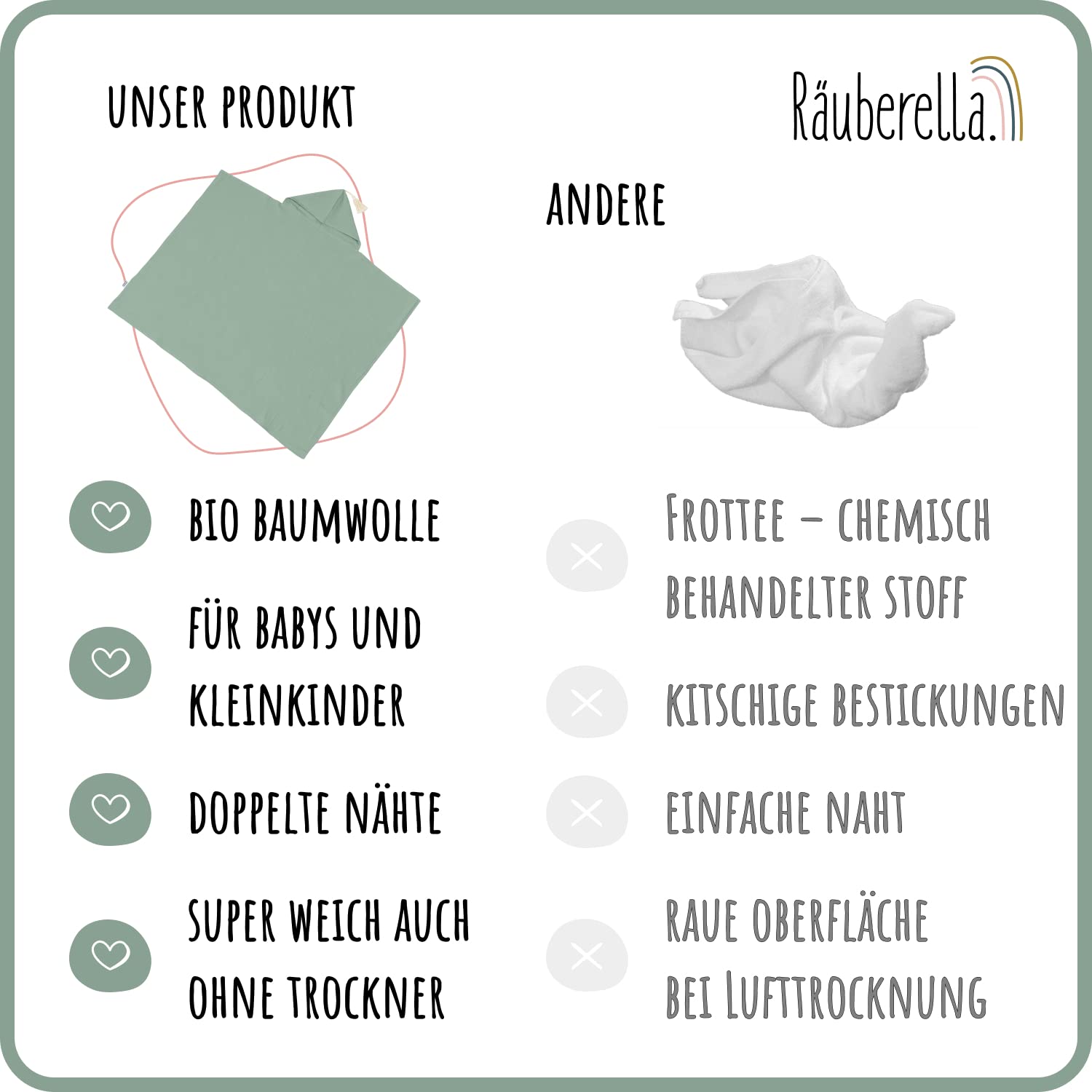 Räuberella® Kapuzenhandtuch-Baby in Mint-Grün I 75x100cm I Musselin-Badetuch-Baby aus 100% Bio-Baumwolle I Saugfähiges Babyhandtuch mit Kapuze I Badehandtuch-Geschenkset inkl. Verpackung & Karte