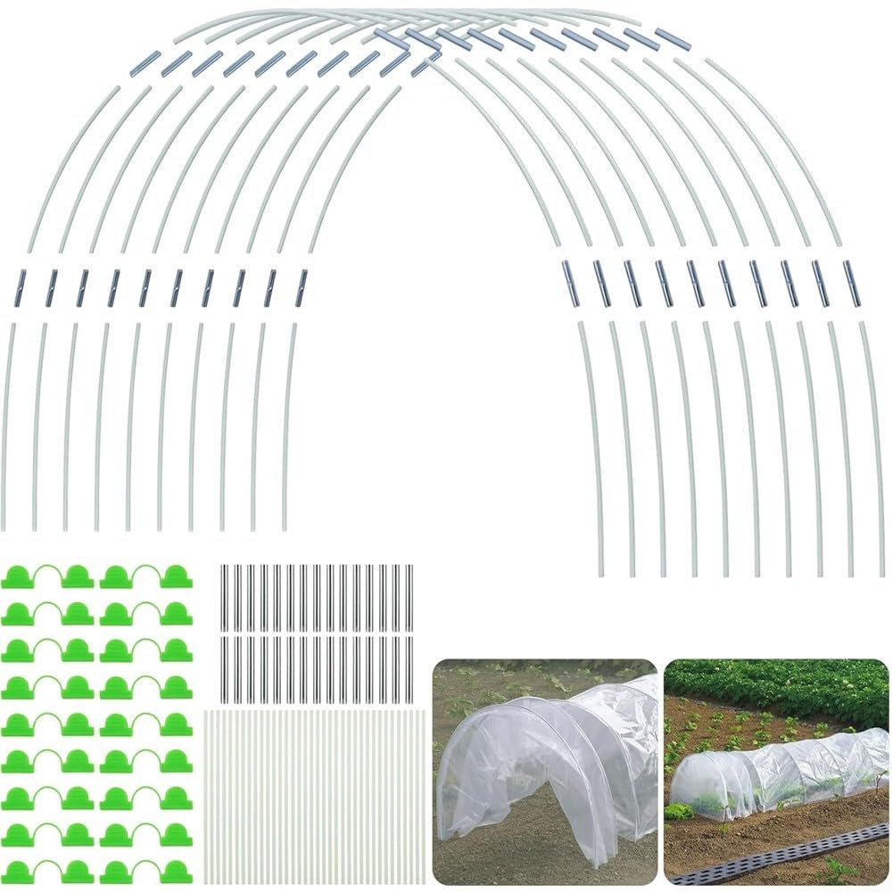 Cerchi da giardino in fibra di vetro per aiuole rialzate, set di connettori resistenti alle intemperie, parti in metallo e plastica, telaio per tunnel fai da te per serre (100 pezzi)
