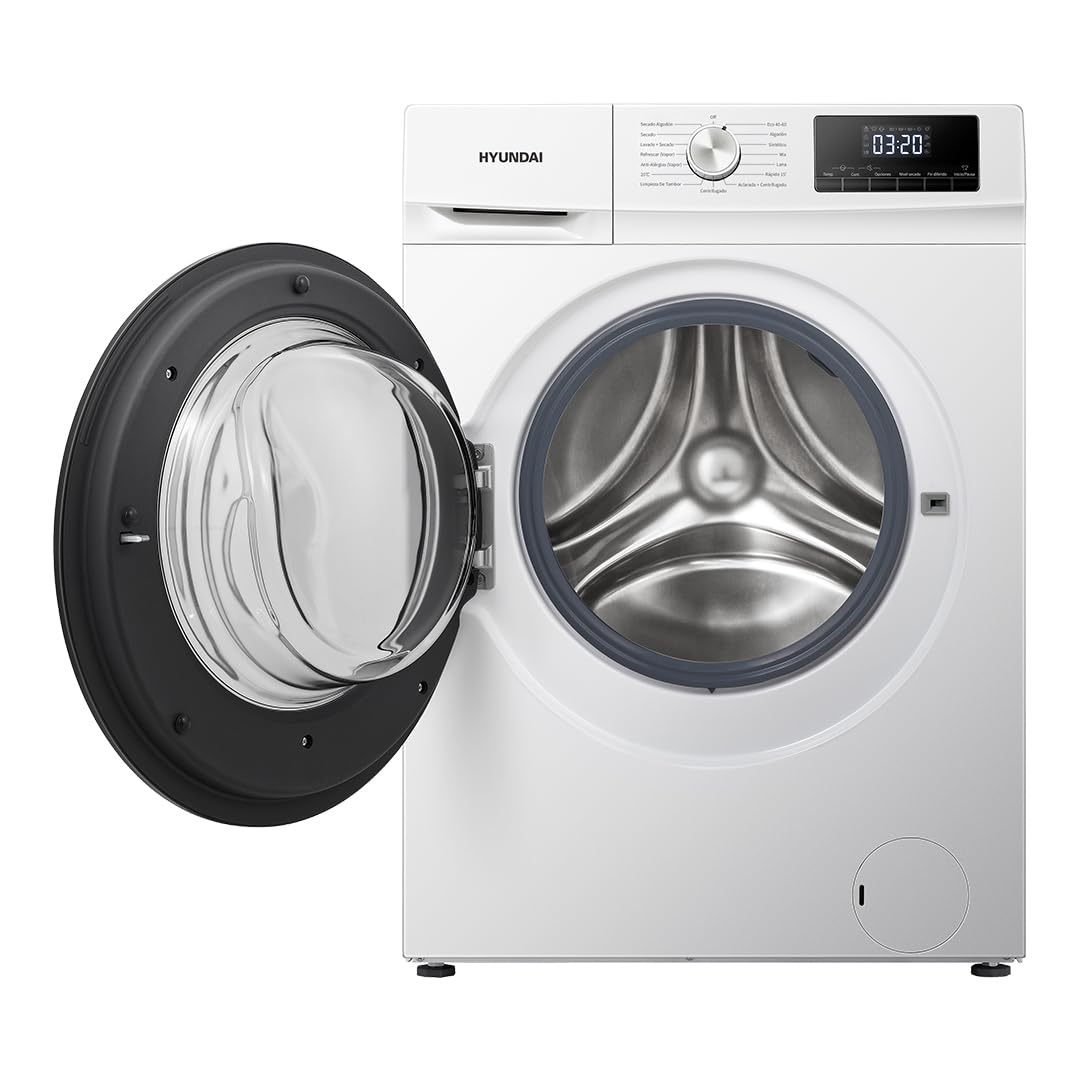 Hyundai Lavadora Secadora 9Kg Carga Frontal Blanco HLS9614ADW00. 1750W, 1400rpm, Motor Inverter, Programas, Función Stop&Go, Tambor Waterdrop, Clase de Eficiencia Energética D