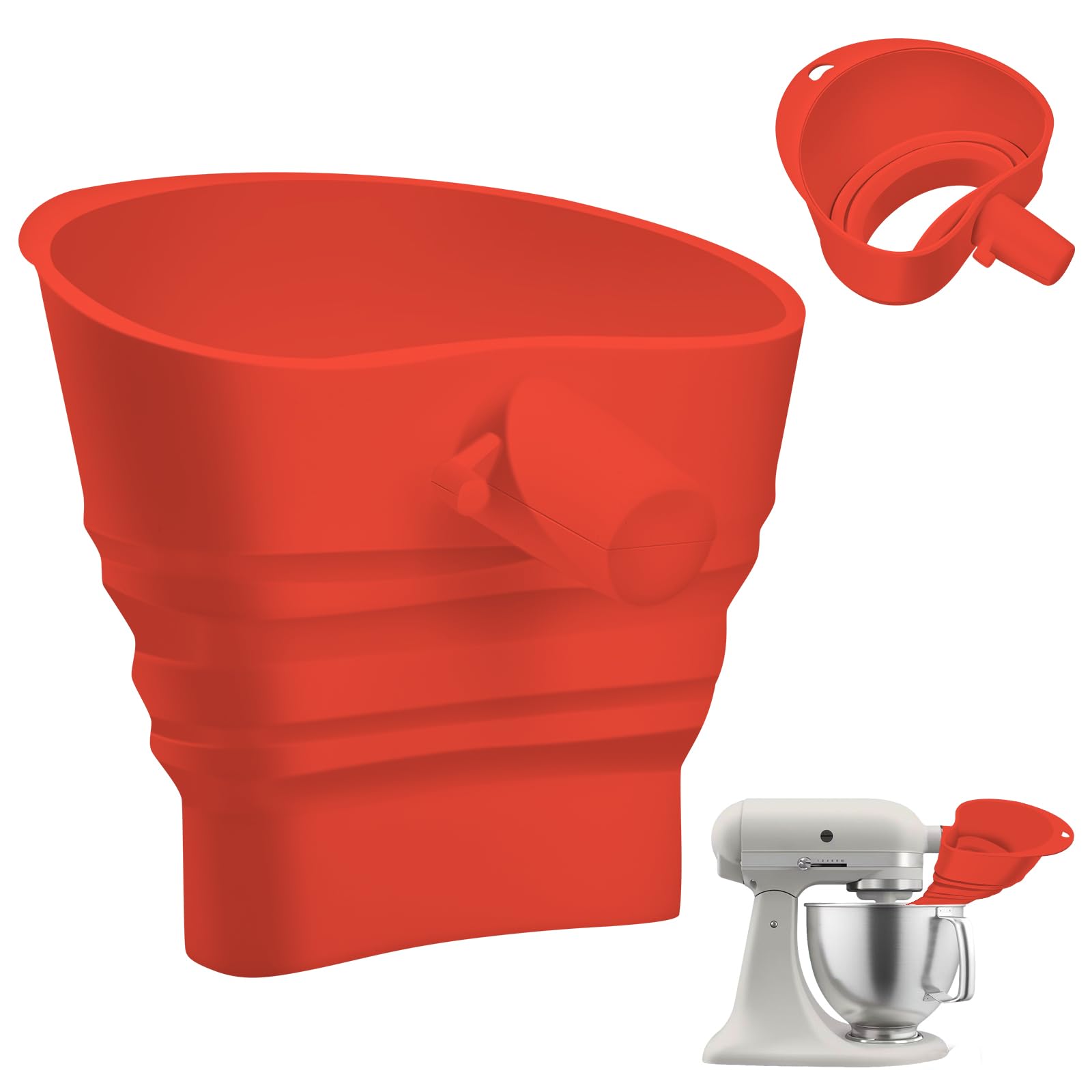 Foldable Flour Funnel for Kitchen Aid Mixer: Silicone Funnel with Easy-Pour Stand Mixer Attachment Fits KSM150 5-Quart Tilt-Head Mixers, Mess-Free Baking Accessories for Flour, Sugar,Eggs (Red)