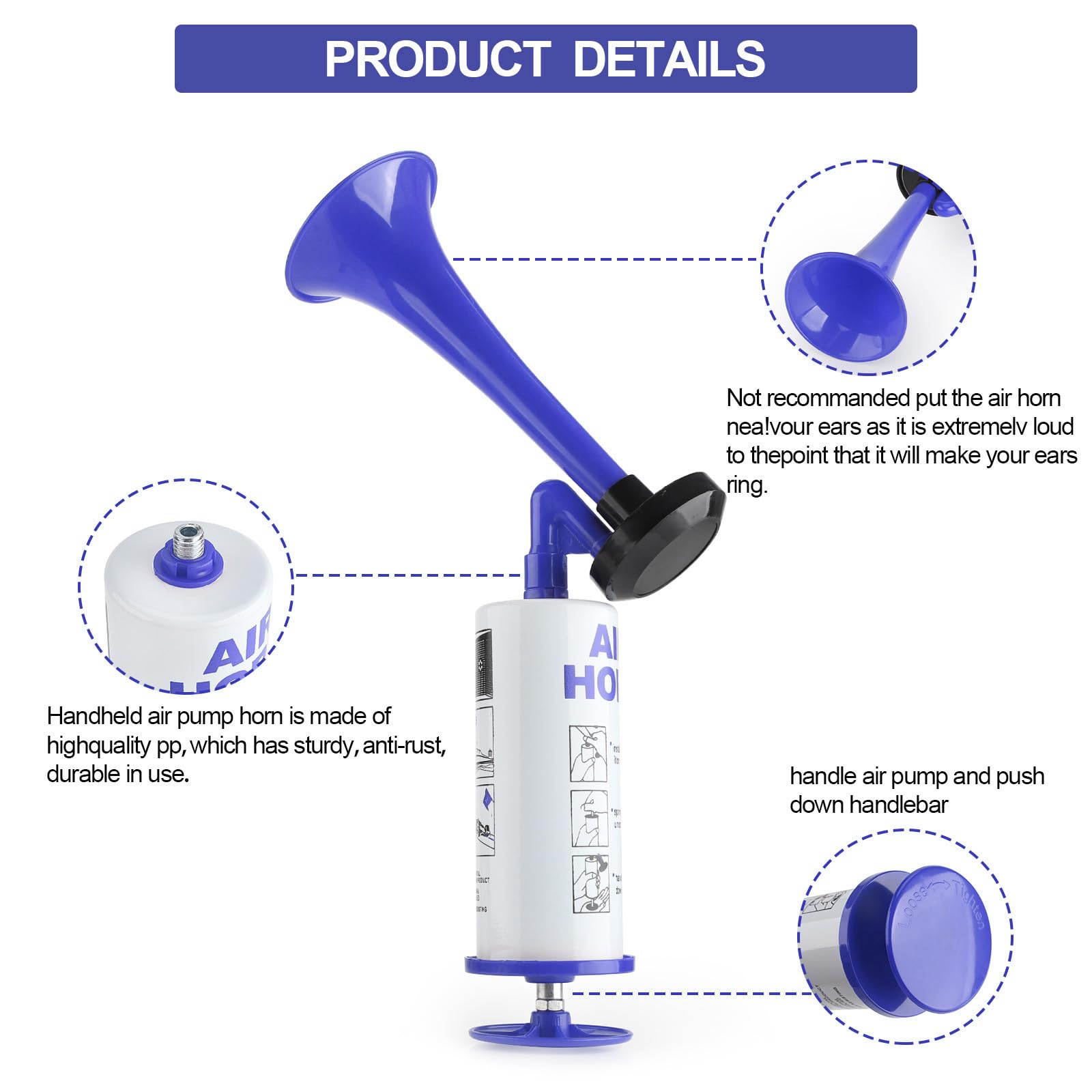 AirHorn, Metal Fanfare Compressed Air Horn Tröte Laut, Signal Horn, Klassische Air Horns Signalhorn Krachmacher, Football, Handball, World Cup, Luftdruck-Fanfare, Tröte zum Anfeuern (Blau-2pcs)