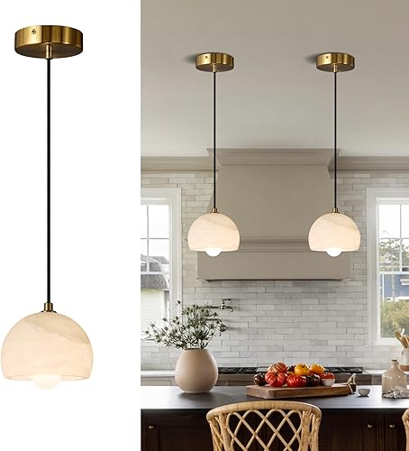 Lámpara colgante de alabastro para isla de cocina, lámpara colgante blanca D5.5, pantalla de mármol natural y marco de metal de latón, colgante de