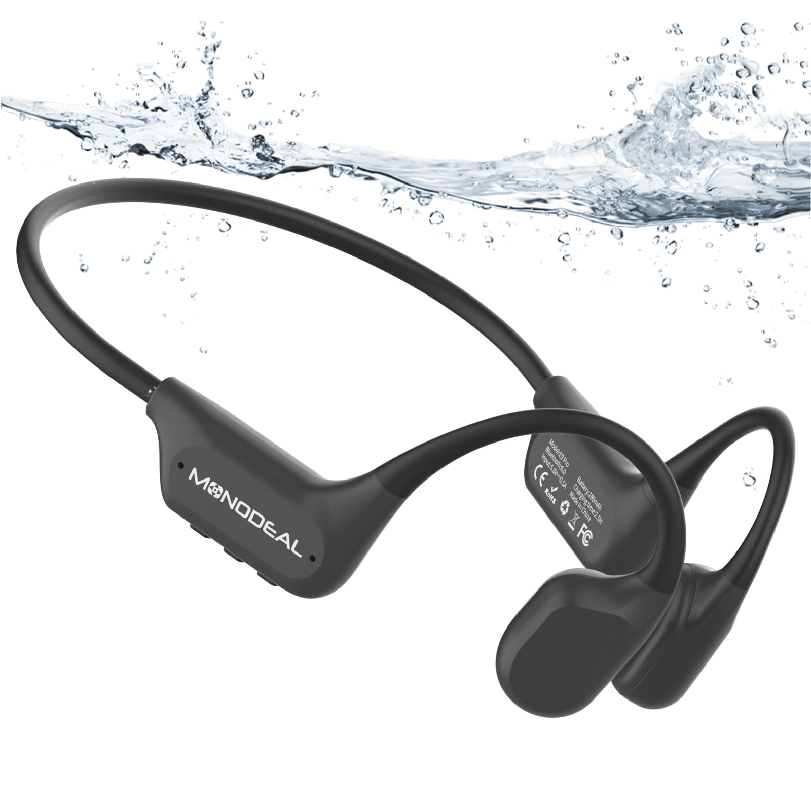 MONODEAL Knochenschall Kopfhörer Schwimmen Bluetooth 6.0 IPX8 Unterwasser 16G MP3 Open-Ear Bone Conduction Headphones zum Schwimmen Laufen