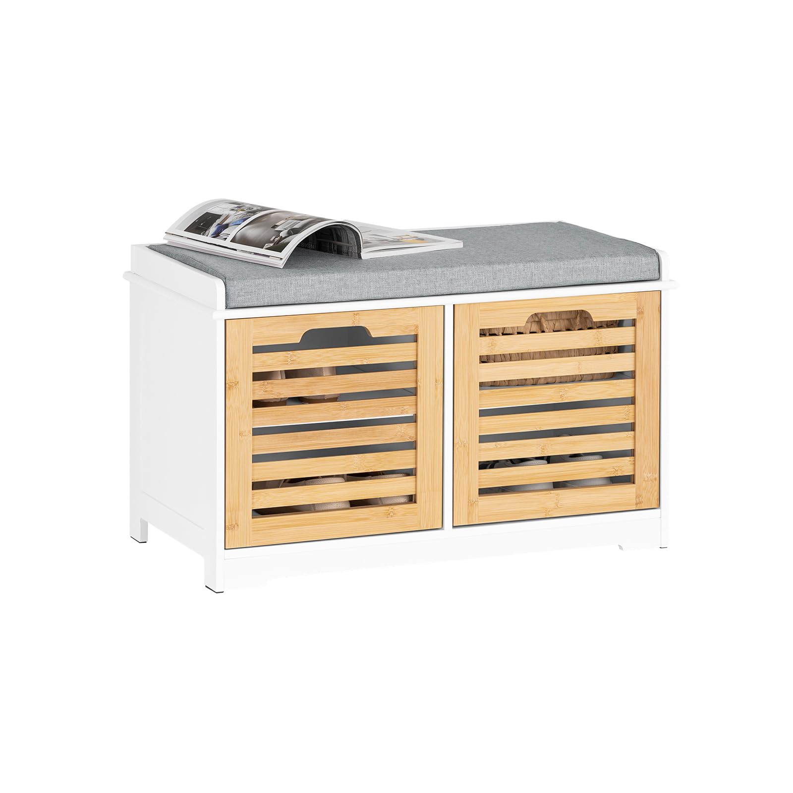 SoBuy Shoe Storage Bench Shoe Cabinet with Seat Cushion – 2 Doors for Hallway Organiser, White+Natural, Wooden Storage Unit, 133kg Load – FSR23-II-WN