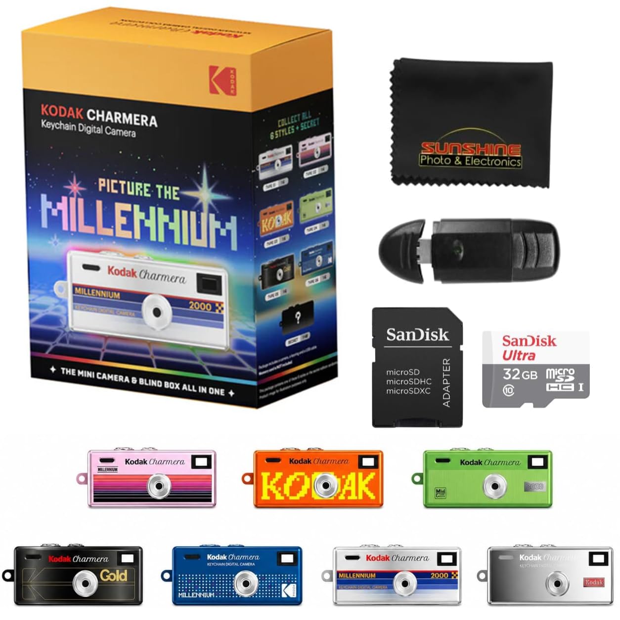 Kodak Charmera Millennium Edition Porte-clés pour appareil photo numérique avec carte microSD SanDisk 32 Go, lecteur de carte USB, adaptateur SD, mini appareil photo numérique rétro Y2K, design