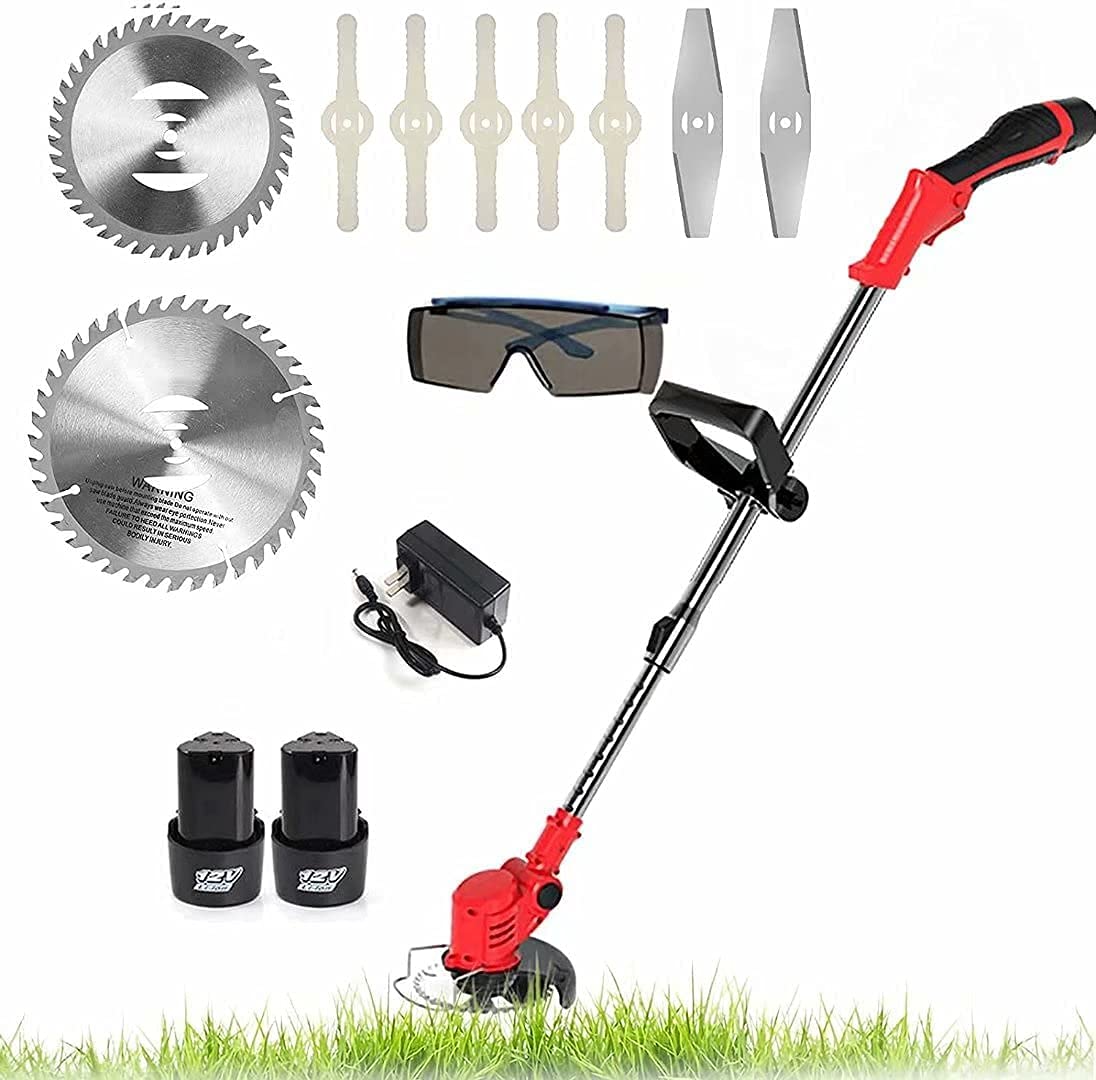 Desbrozadora de batería de 12 V, cortadora de césped inalámbrica, portátil, con Gafas Protectoras. El Cabezal se Puede Ajustar a 90° con 2 Barras