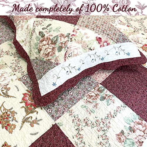 image for Cozy Line Home Fashions Floral Real Patchwork Burgundy Red Coral Pink 