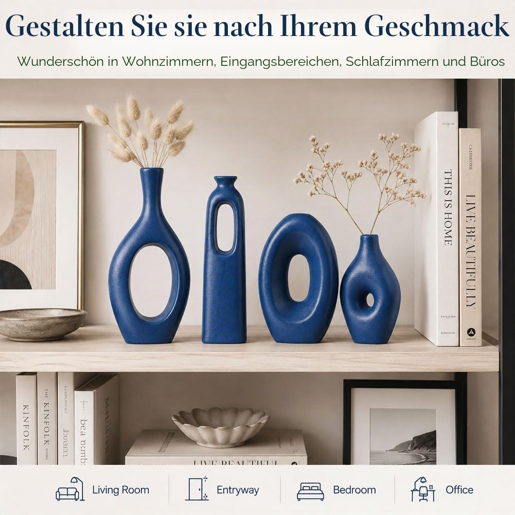 Blaue Keramikvase, 4er-Set – runde, Hohle Boho-Vasen für Pampasgras- und Blumendekoration, Moderne, minimalistische kleine Vasen für Wohnzimmer, Schlafzimmer, Kamin und Tafelaufsätze