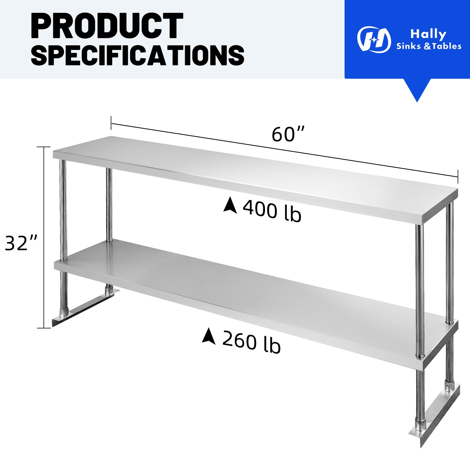 Hally - Estante doble de acero inoxidable de 12 x 60 pulgadas, capacidad de peso de 400 libras, estantes comerciales NSF de 2 niveles para mesa de preparación y trabajo en restaurante, hogar y cocina