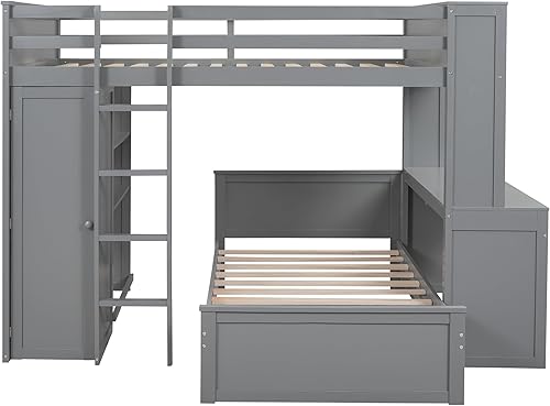 Miniatura 266 de Cama alta funcional tamaño individual con 2 cajones y 2 armarios, base de cama de madera maciza con barandilla de seguridad y escalera de