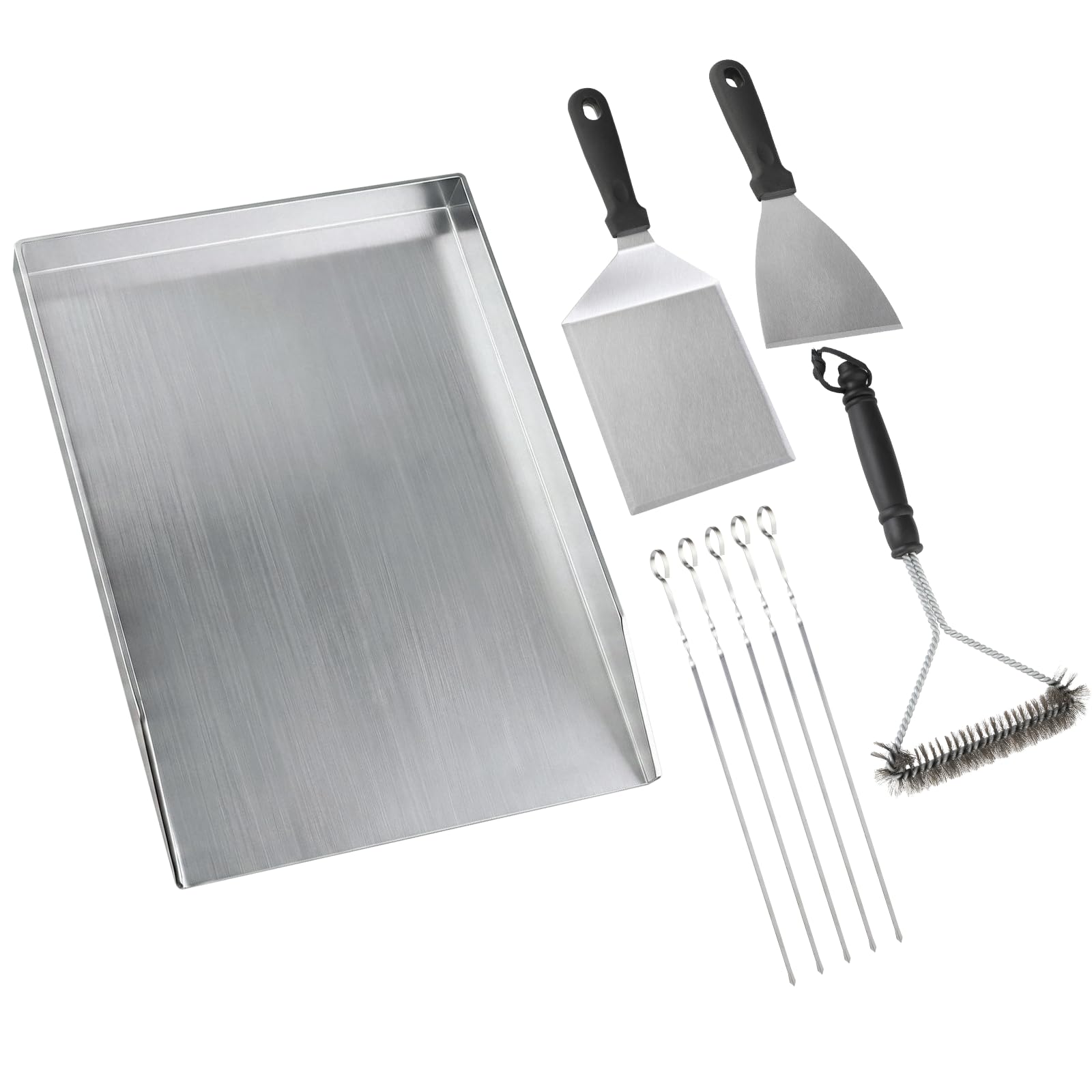 SMOOL Plancha de acero inoxidable de 30 x 20 cm, para barbacoa de gas, | Barbacoa de carbón y parrilla eléctrica, juego de plancha con espátula, brochetas y cepillo de limpieza para camping y