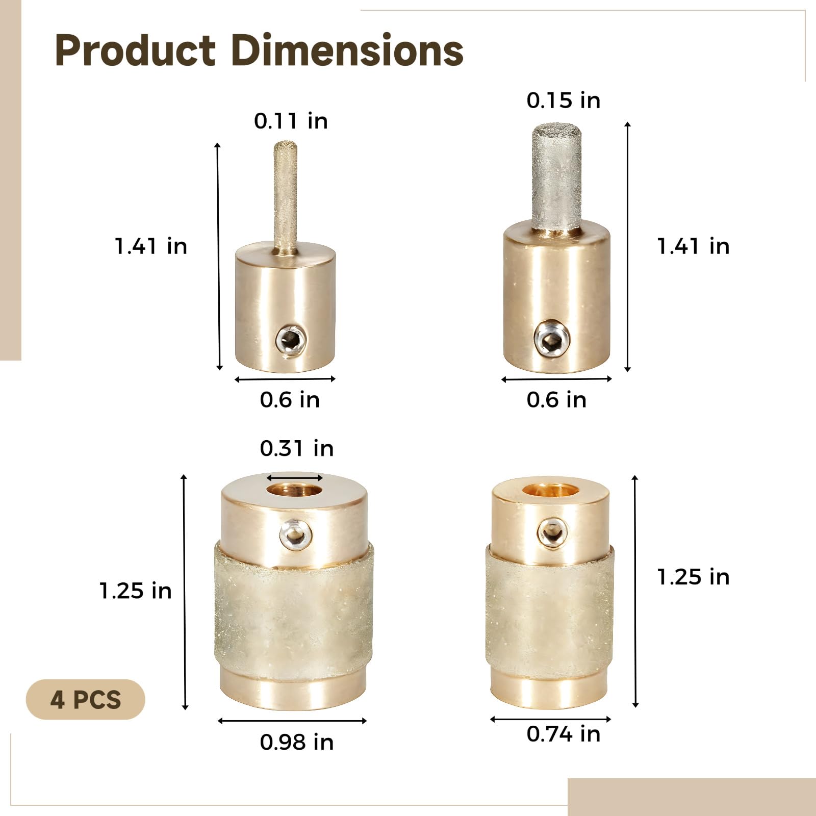 4 embouts meuleurs diamant avec noyau en laiton, tailles 3/4, 1, 1/4 et 1/8 in, pour le meulage et le polissage des bords du verre, métal électrodéposé pour vitrail