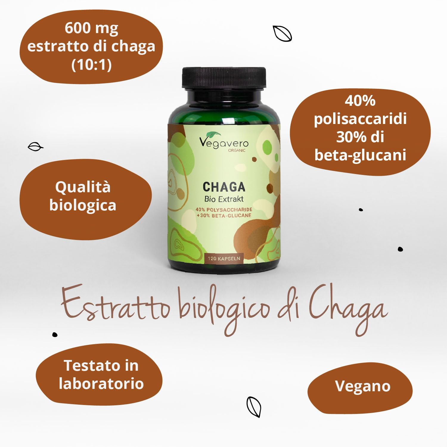 CHAGA BIO Vegavero® | 6000 mg (10:1) | Fungo Inonotus Obliquus | con 40% di Polisaccaridi e 30% di Beta Glucani | 120 capsule | Vegan