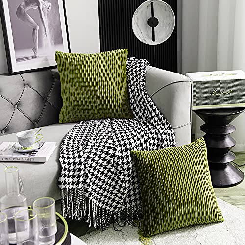 Dezene 18X18 Moss Green Throw Pillow Cases: 2 Pack Original Striped Velvet Square Decorative Pillow Covers For Farmhouse Couch #TOP2