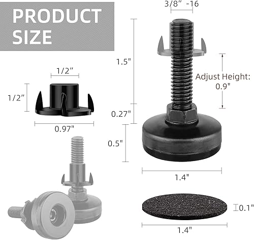Miniatura 3 de Niveladores de patas resistentes de 38 pulgadas a 16 hilos, 6 pies de nivelación ajustables, niveladores de muebles atornillados con insertos