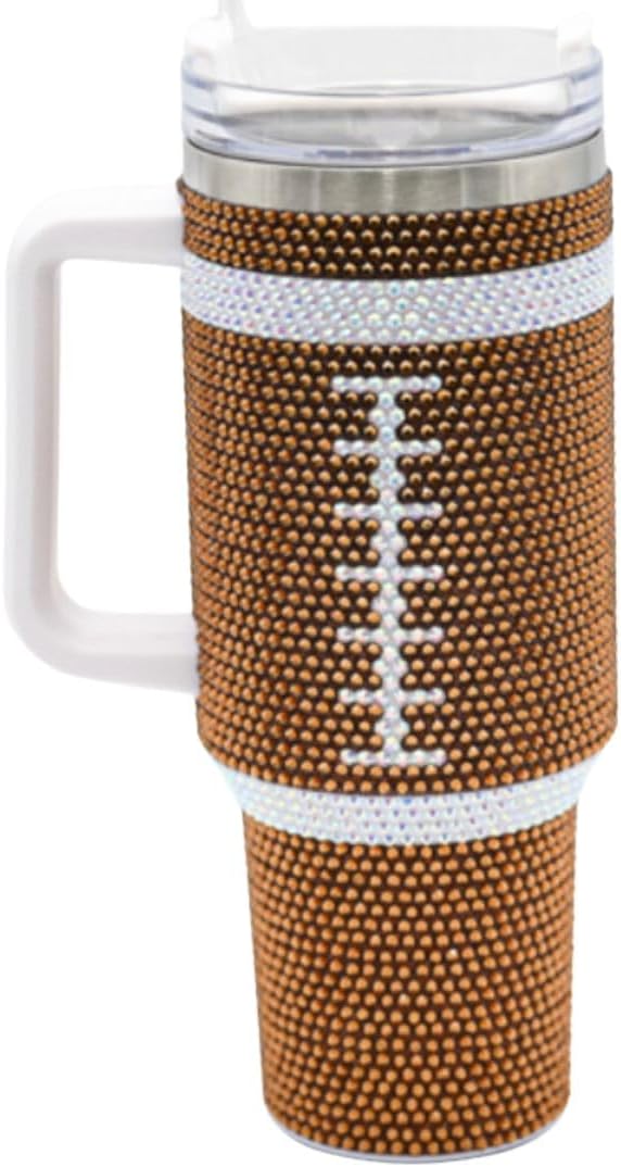 40 Oz Rhinestone Bling Tumbler Cup with Handle and Straw (FOOTBALL), Stainless Steel and Double Wall Insulated, Stand Out and Shine at Parties, Ball Games, Tailgating, Office, Daily Life