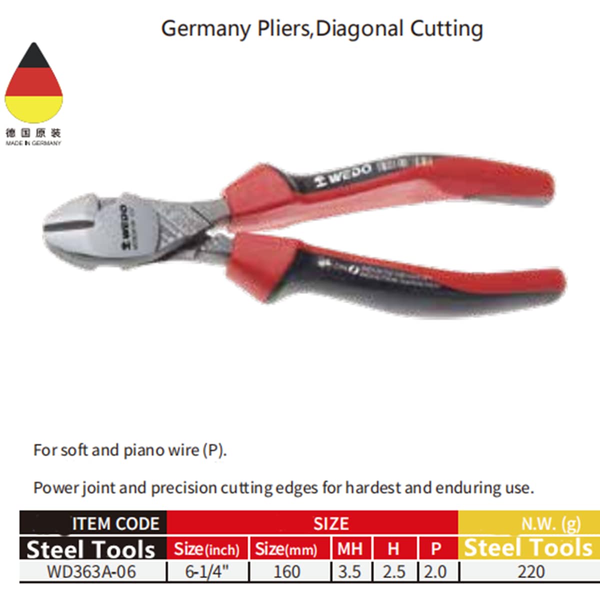 WEDO Alicates de corte diagonal,alicates de corte lateral,tratados térmicamente,duraderos,dureza fuerte y ahorro de mano de obra con mango antideslizante,acero de calidad industrial. 160mm