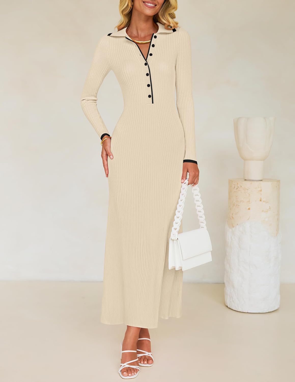 ZESICA Women's Long Sleeve Sweater Dress 2026 Fall V Neck Ribbed Knit Casual Formal Cocktail Bodycon Maxi Dresses - Image 2