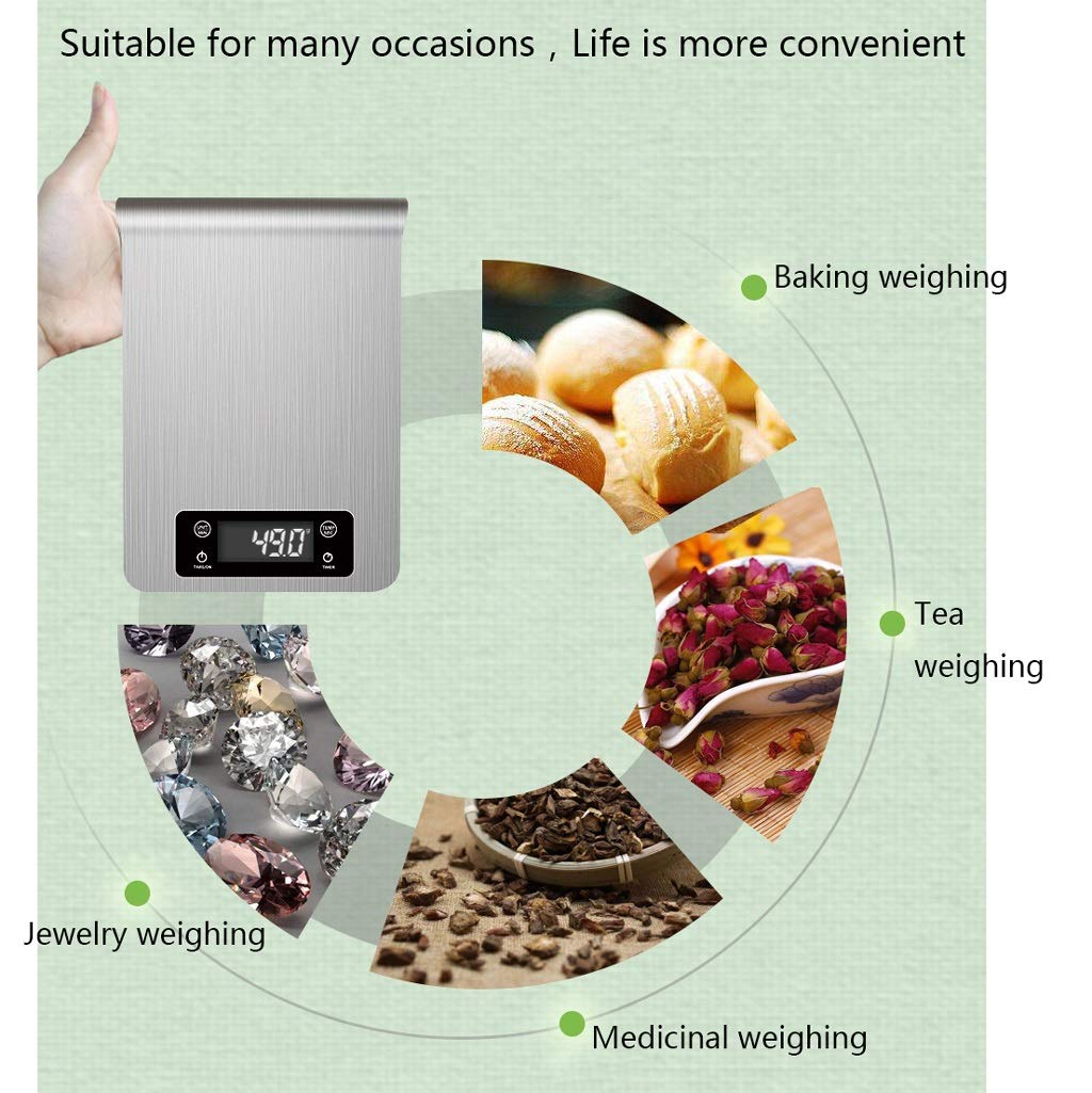 Báscula de cocina digital multifunción, plataforma grande de 1 g a 5 kg/11 lb y pesaje electrónico de alimentos LCD retroiluminado, material de madera de bambú fácil de limpiar