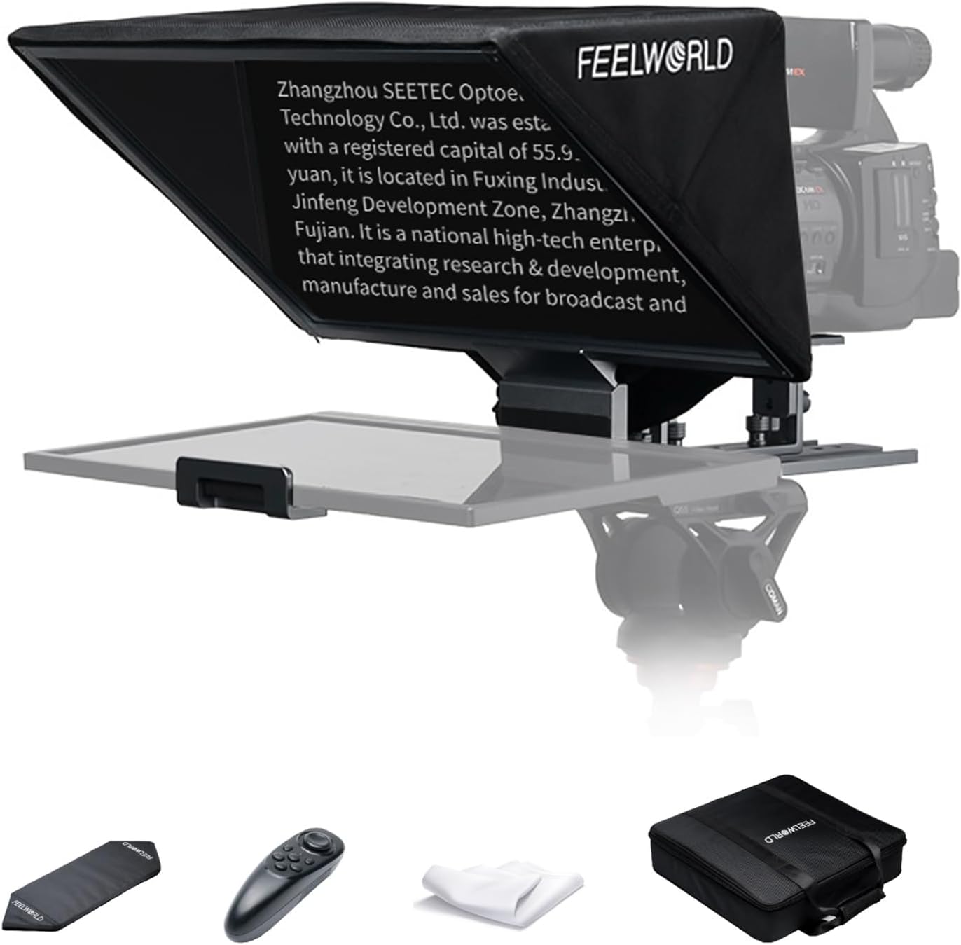 TP16 teleprompter is a 16-inch Foldable Prompter Suitable for DSLR Cameras, Tablets, and Smartphones. It Features a Remote Control and a Carry case for Video Recording, l