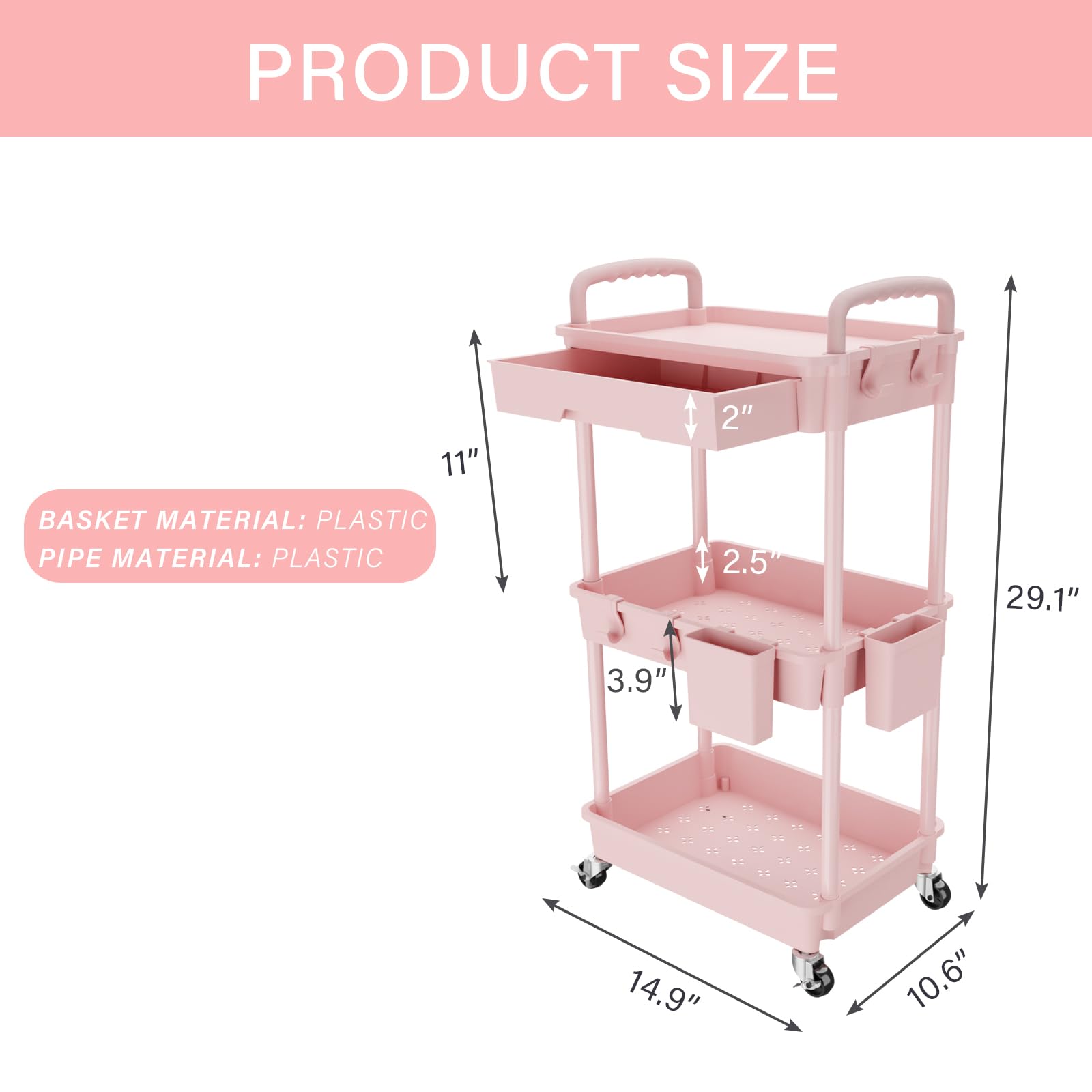 REBECAT Carrito utilitario rodante de 3 niveles con cajón, carrito de almacenamiento, carrito rodante para cocina, baño, sala de estar, organizador de almacenamiento con ruedas de hierro (rosa,