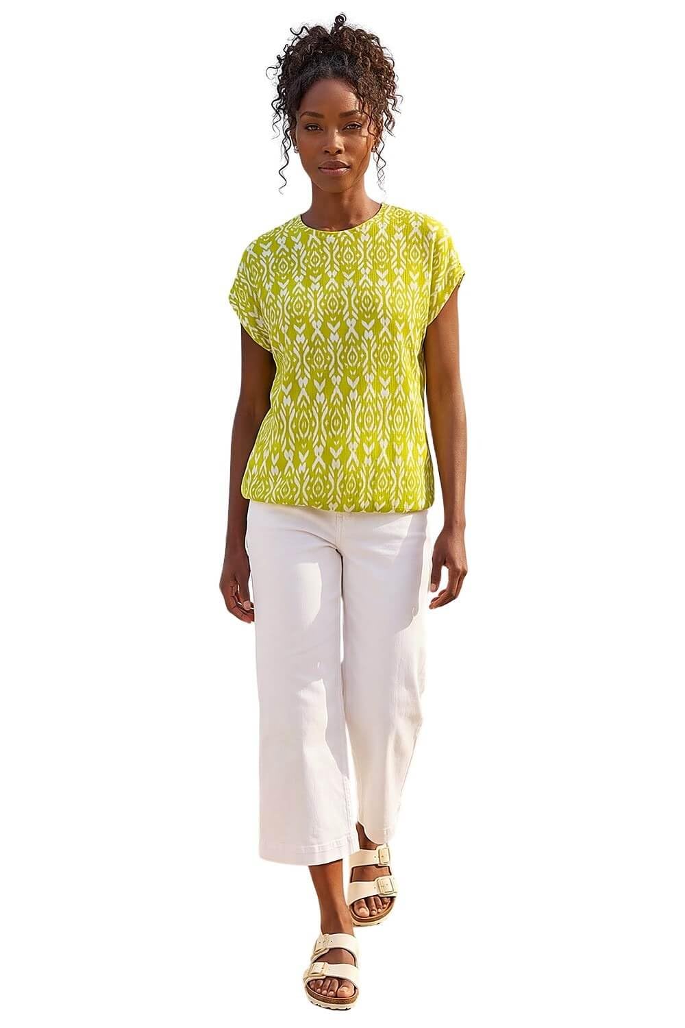 Roman Ikat Print Bubble Hem Top, Green, Size 18, Women