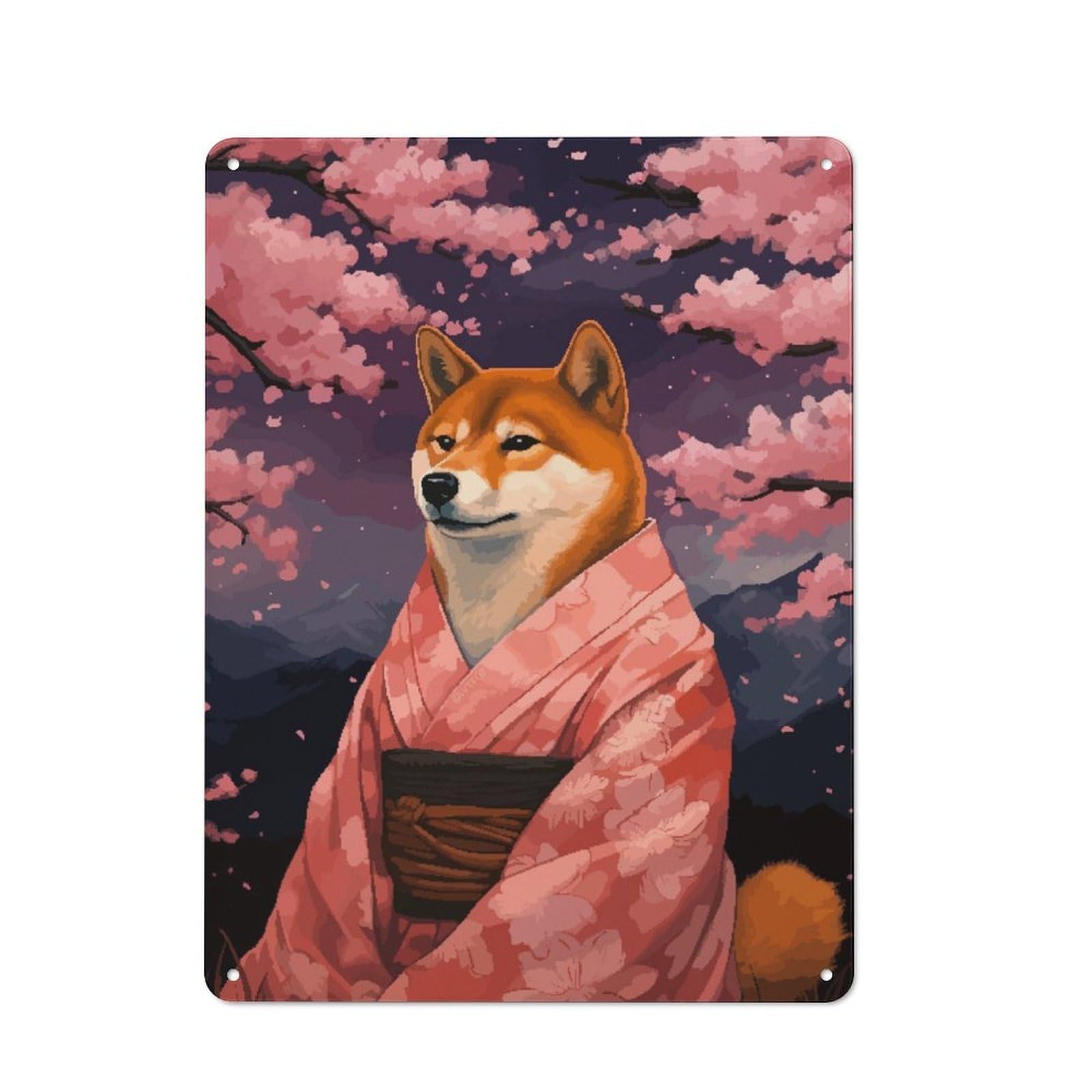 Junmoney Shiba Inu Sakura Pixel Art Tin Sign 40X30cm With For Pub Or Café, Retro-Style Decor, Suited To Café Interior Fans
