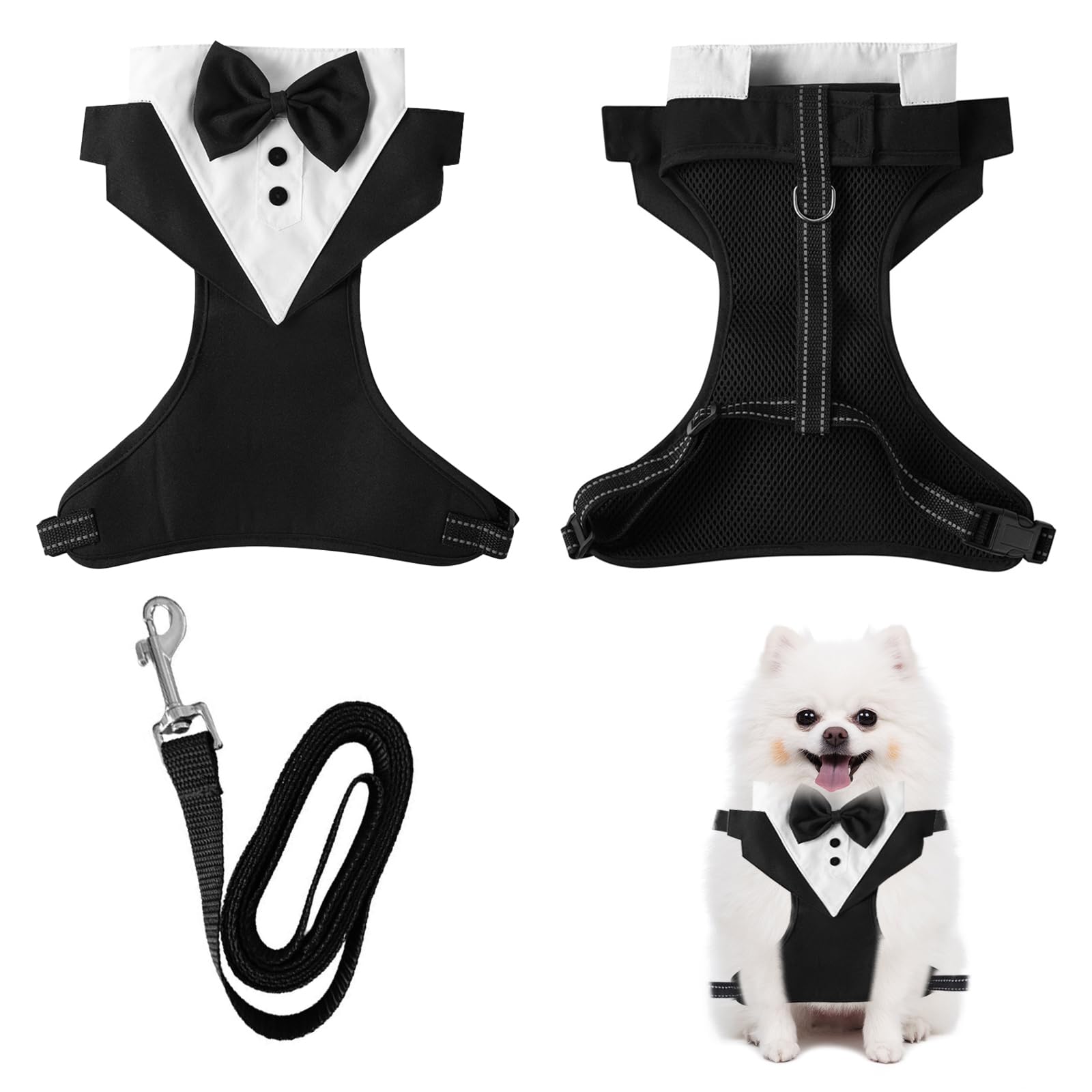 Smoking Collare per Cani Set Bandana Guinzaglio Poliestere Bianco Nero Media