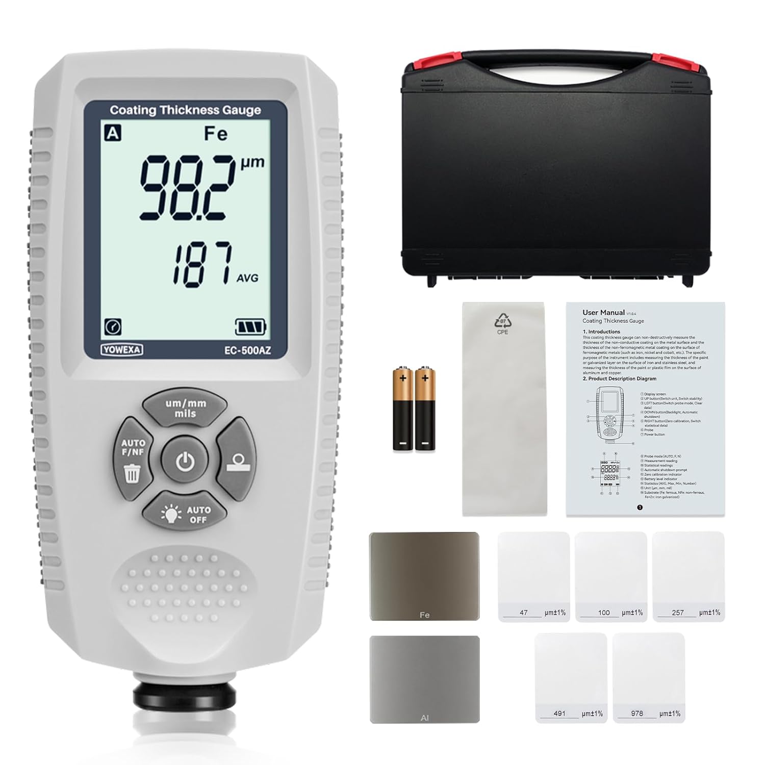Paint Thickness Gauge for Cars, 0–2000μm Digital Coating Meter for Used Car Inspection, Auto Fe/NFe/Fe+Zn Detection, ±(3%+1μm) Accuracy with AVG/MAX/MIN Statistics