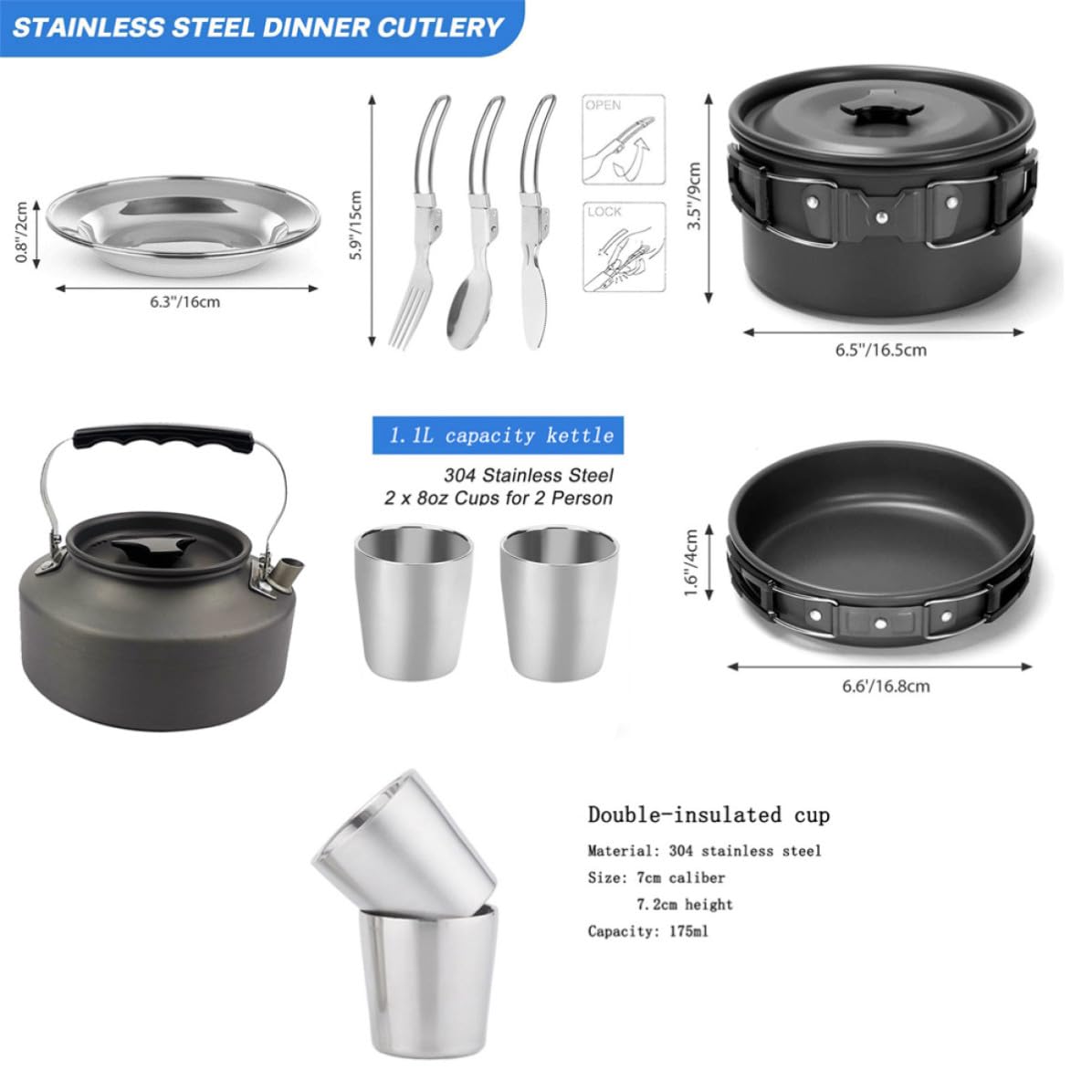 Ciieeo Ustensiles Cuisine de Camping Lot de 1, Alliage D'aluminium, Antiadhésifs, Noirs, pour Camping et Voyage