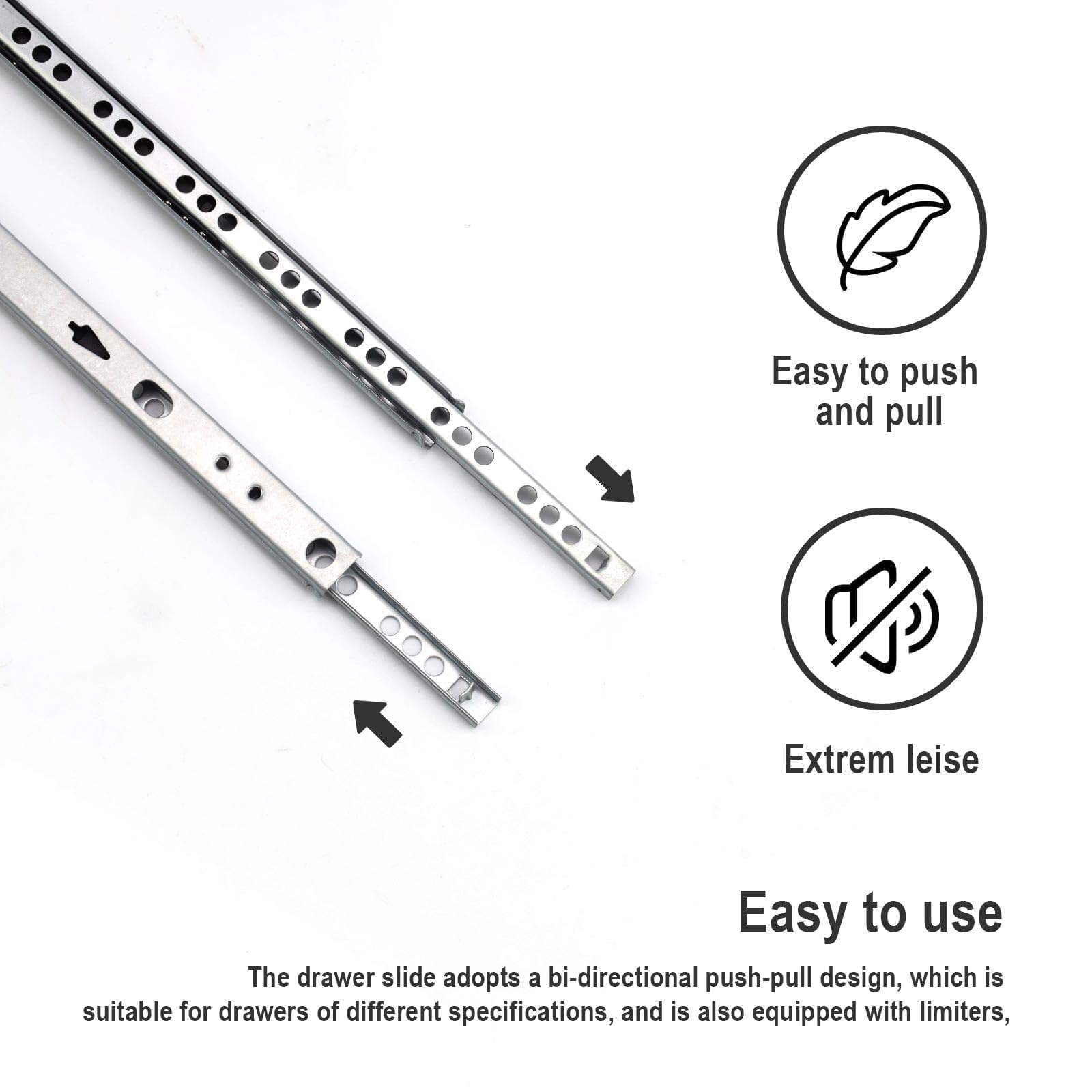LERANXIN Draw Runners, 2 Pairs/4 Pieces, Undermount Drawer Slides with Two-Way Extension, 310 mm to 490 mm, Kitchen Drawer Runners, Galvanized Steel, for 17mm Recesses - Image 4