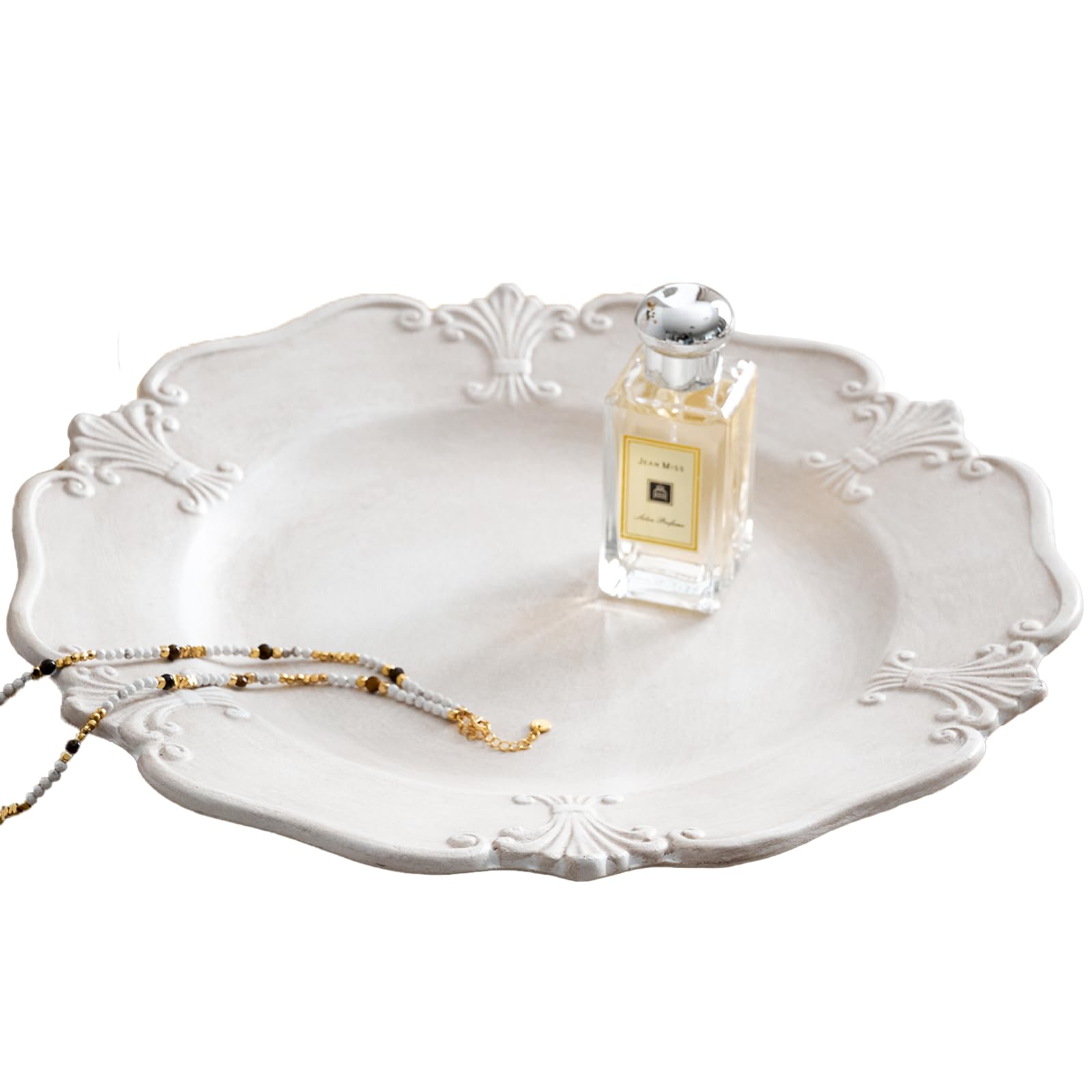 DN DECONATION White Rustic Farmhouse Tray for Modern Home Decor,12in Round Wooden Tray, Vintage White Decorative Trays for Coffee Table, Perfume,