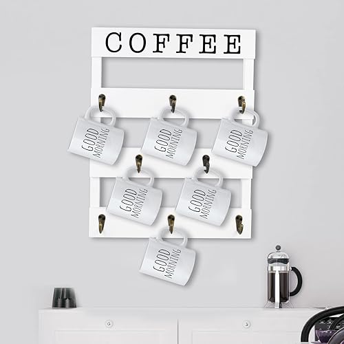 Miniatura 7 de Soporte para tazas de café de madera maciza montado en la pared, estante rústico para tazas con 8 ganchos, gran espacio para tazas grandes para
