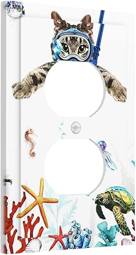 Divertidos cubiertas de salida de gato verde azulado azul mar océano animal placa de pared doble interruptor de luz cubierta decorativa placa