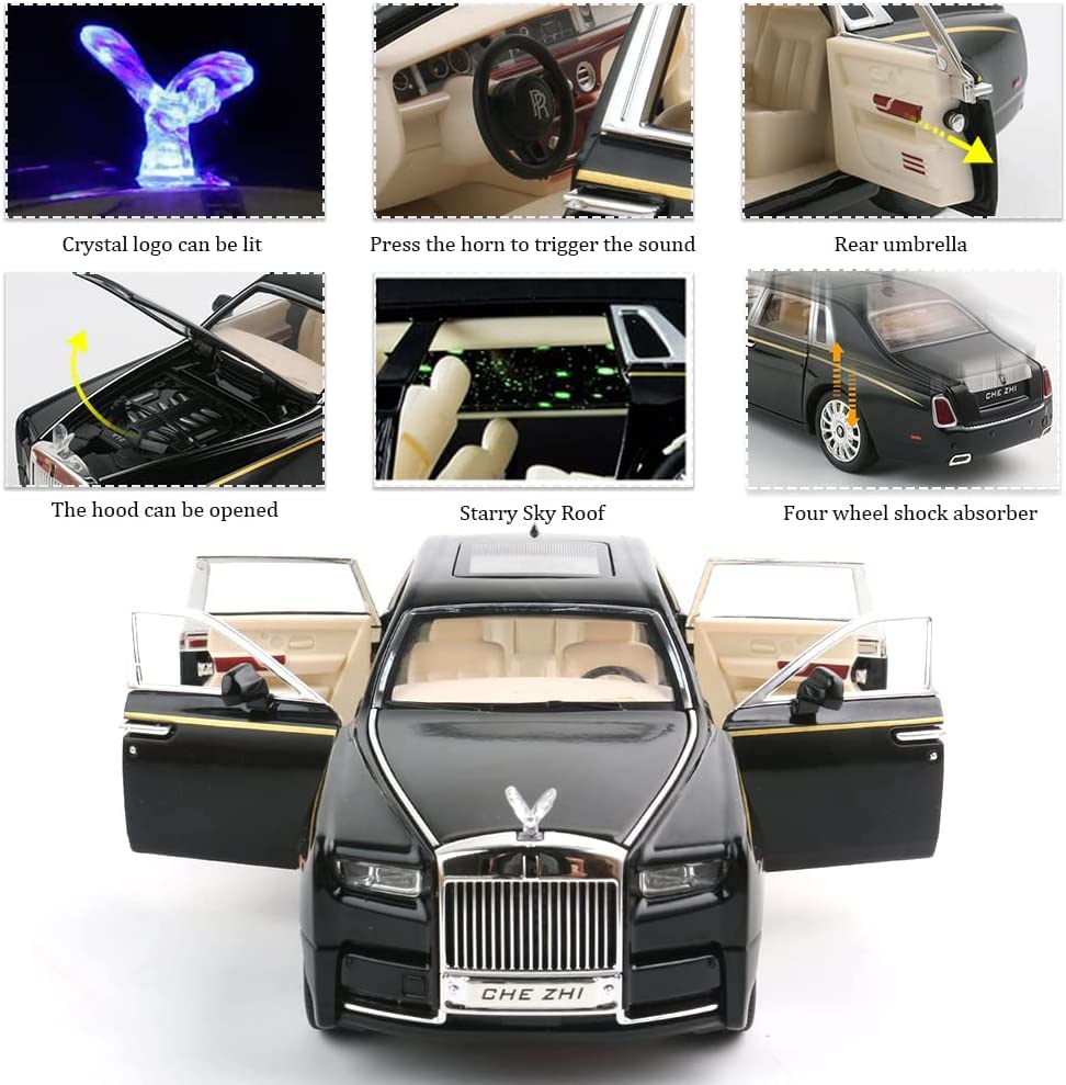 Image of Metal Pull Back Diecast Car 1:24 Big Rolls Royce Phantom Pull Back Car Model with Sound Light Boys Gifts Toys for Kids【Pack of 1】,multicolor