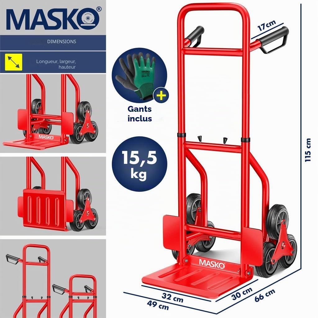 MASKO® Diable pour escaliers Diable 200kg, Pliable Pneus en Caoutchouc Dur | Poignées en Plastique | Cadre en Acier - Rouge