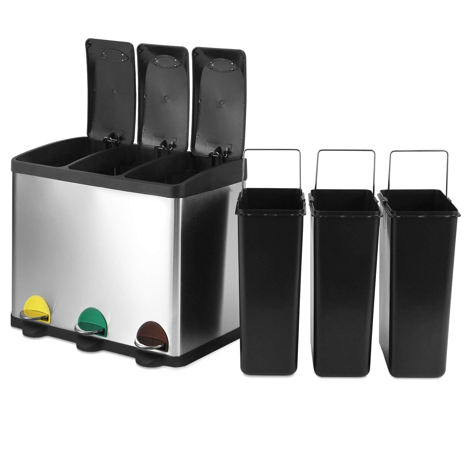 Jago® Mülleimer – 16/24/45/60 Liter - 2 oder 3 fächer, Edelstahl, mit Inneneimer, Handgriff, Deckel, für Küche-Abfalleimer, Mülltrenner, Mültrennsystem, Abfallsammler, Treteimer (60 Liter (3 x 20L))