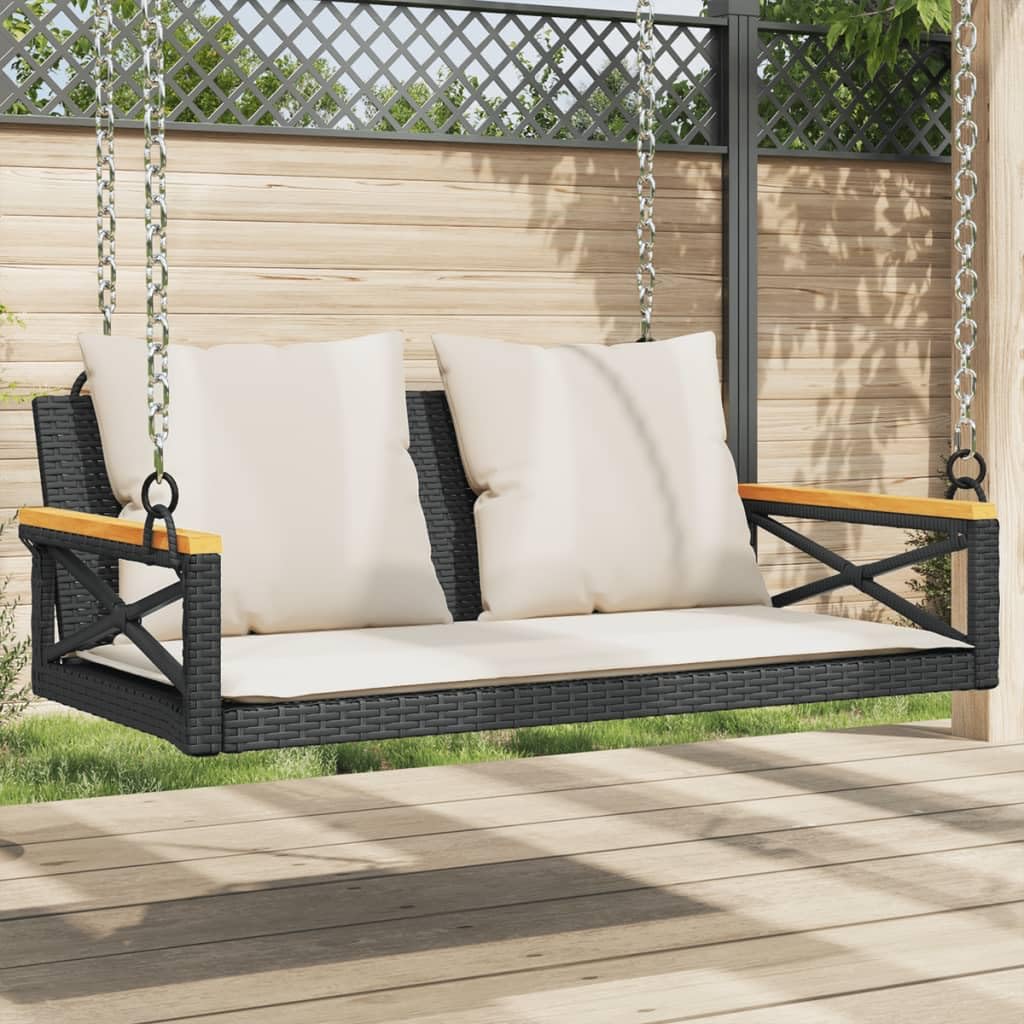 vidaXL Hängebank mit Kissen, Hängeschaukel mit Befestigungsringen, Schaukelbank für Außenbereich, Gartenschaukel, Modern, Schwarz Poly Rattan
