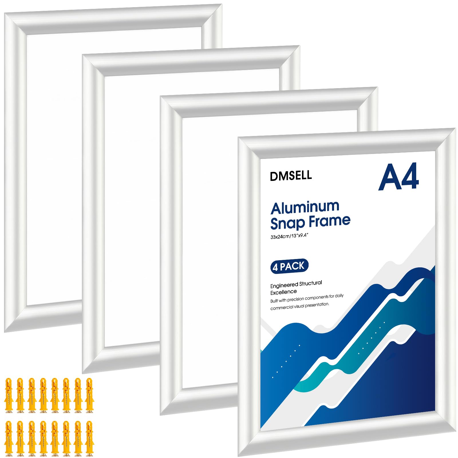 DMSELL 4 Pack A4 Silver Snap Frames, 25mm Aluminium Clip Frame