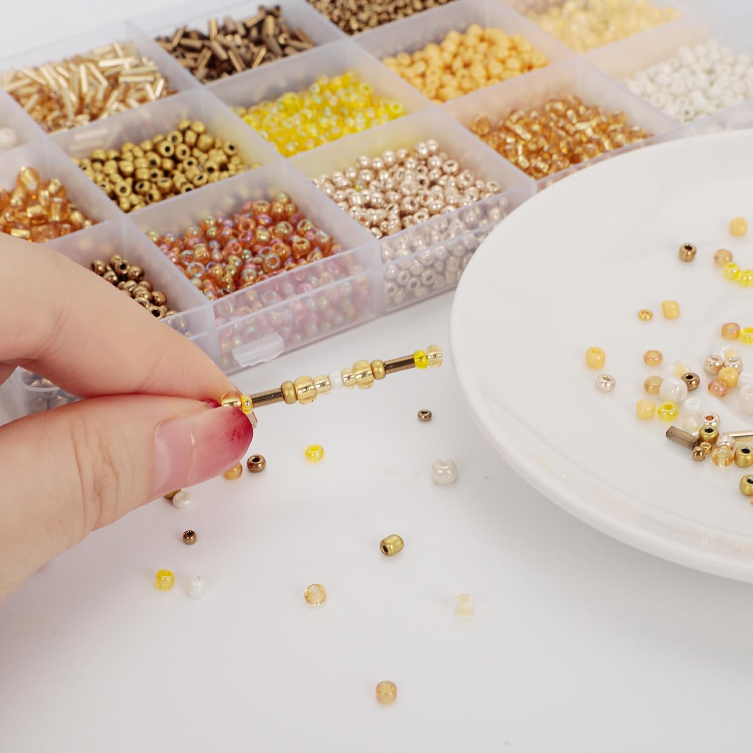 5000pcs Gold Series Glass Seed Beads & Sequins for Jewelry Making, 2mm 15 Colors in Storage Box, DIY Craft Supplies for Bracelets Necklaces Earrings