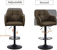 Vista 4 de Moderno juego de 2 taburetes de bar giratorios de piel sintética con apoyabrazos, silla de bar ajustable tapizada con base de metal reposapiés