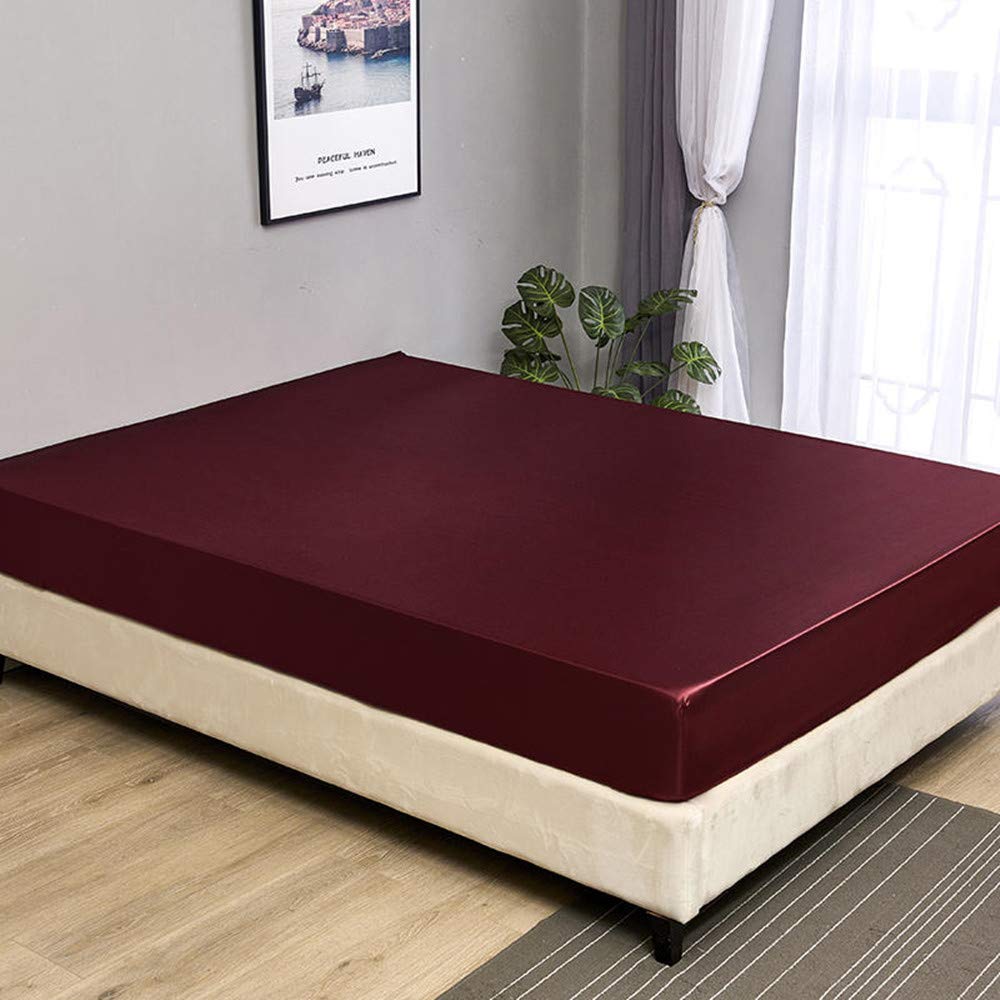 Juwenin Burgundy Luxury Silk Satin Deep 12" Skin Beauty Hair Health Face Care Hypoallergenic Fitted Sheet (Double, )