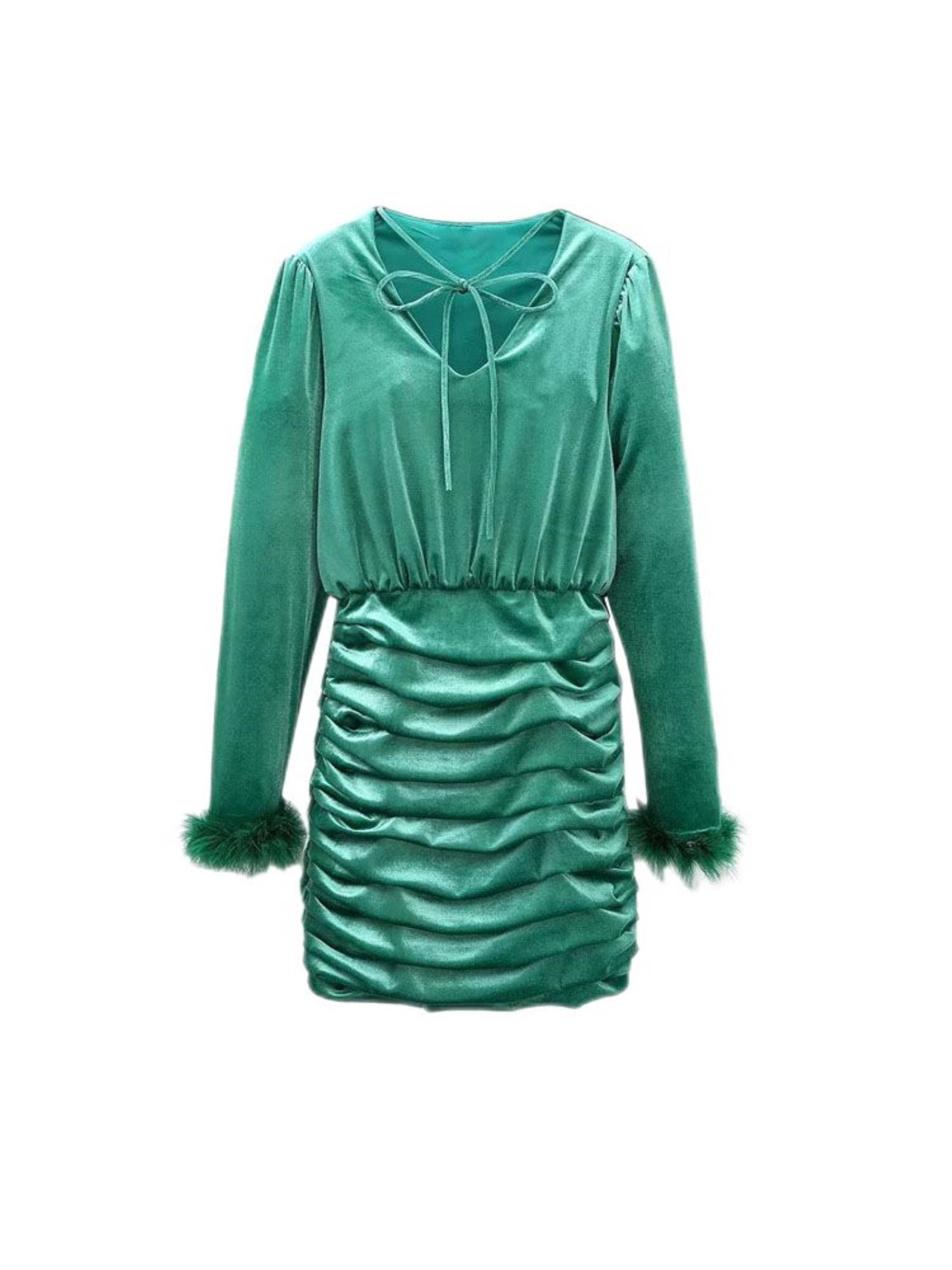 Moda delle donne con mini abito pieghettato Vintage legato V collo manica lunga abiti femminili