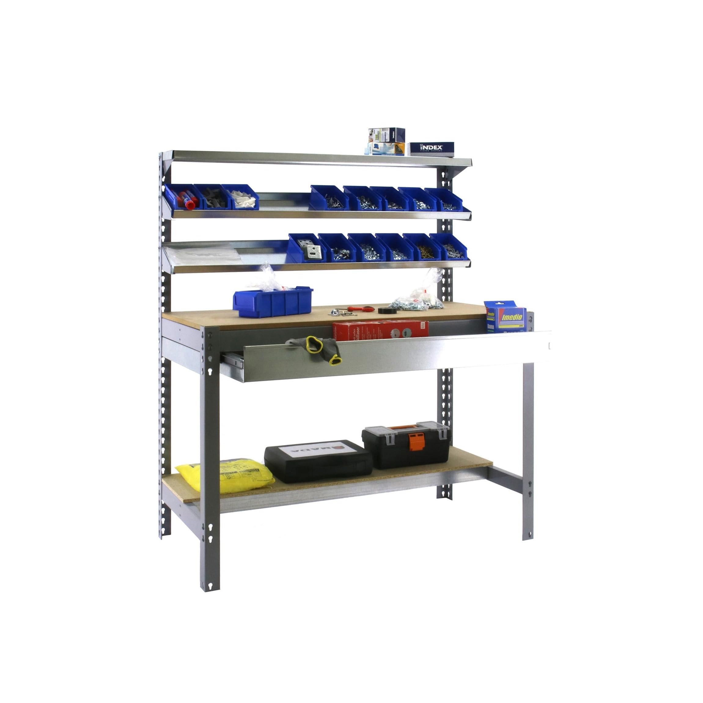 Simon Rack Banco de Trabajo con 3 repisas y cajón 910x610 mm - BT1 | Capacidad Carga 400 kg, Pintura anticorrosión, Gris , Montaje sistema clic