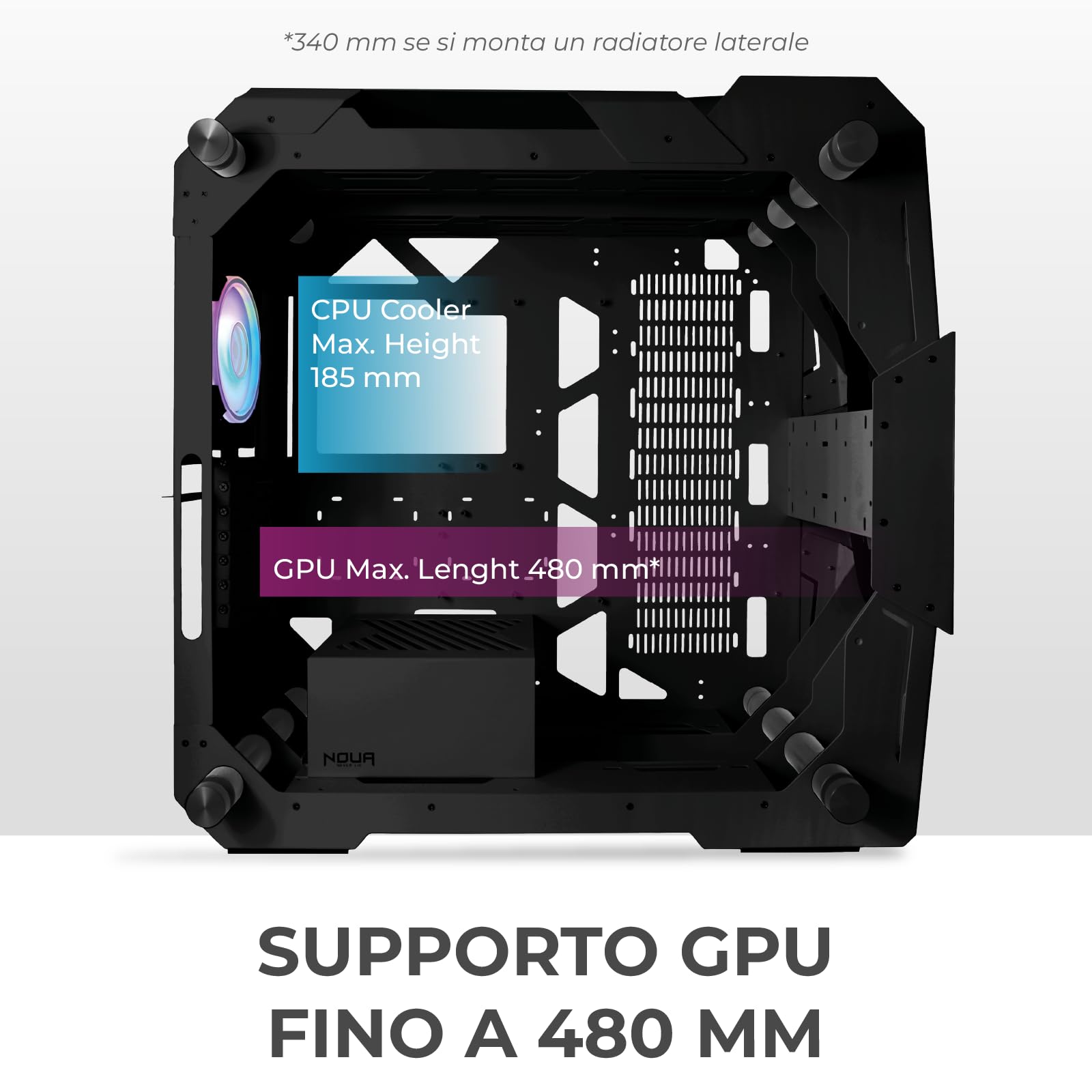Noua Ego | Case PC Gaming Full Tower | Supporta E-ATX | 1.2mm SPCC | Ventola PWM ARGB | Supporta Radiatori da 360 mm | Pannelli Laterali in Vetro Temperato, Nero