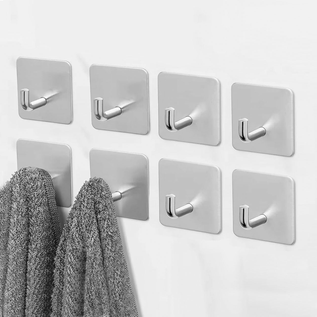 EDMILE Adhesive Towel Hooks, 8 Pack Self Adhesive Coat Sticky Hooks for Hanging, Stainless Steel Stick on Wall Hat Hook, Bathrooms Kitchen Livingroom