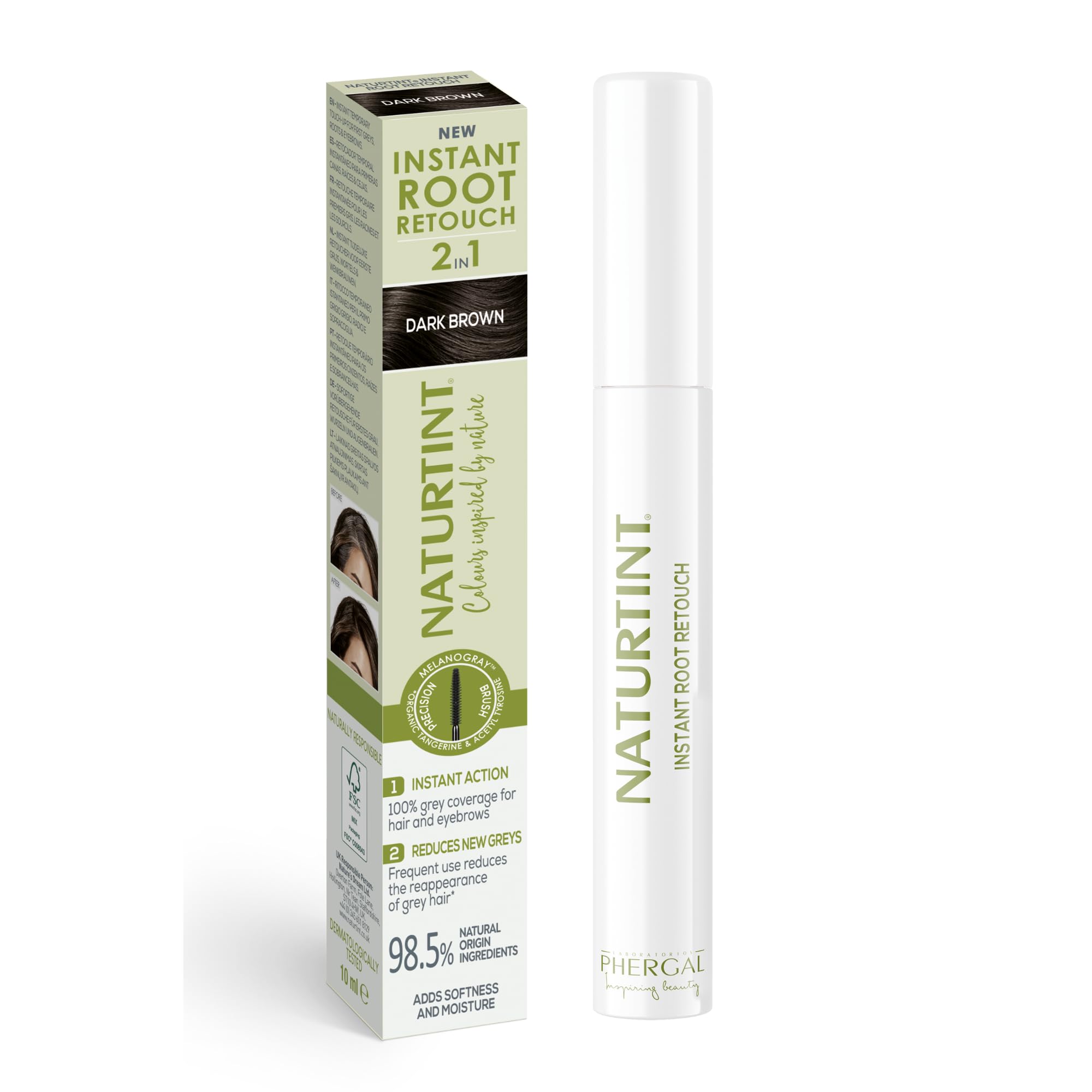 Naturtint 2in1 Instant Root Retouch Dark Brown - temporary colour, instant grey coverage, long-term grey prevention, suitable for eyebrows, prescision brush, fast and easy to apply (10 ml)